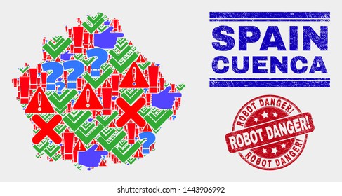 Symbolic Mosaic Cuenca Province map and seal stamps. Red rounded Robot Danger! grunge seal stamp. Colorful Cuenca Province map mosaic of different random elements. Vector abstract combination.