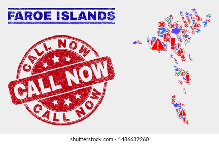 Symbolic Mosaic Faroe Islands map and seal stamps. Red rounded Call Now distress seal stamp. Colored Faroe Islands map mosaic of different randomized icons. Vector abstract collage.