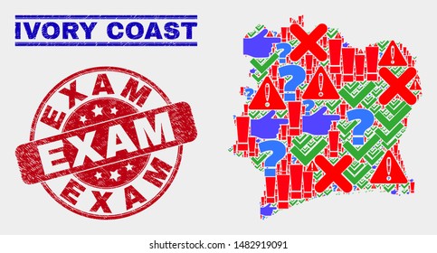 Symbolic Mosaic Ivory Coast map and seal stamps. Red rounded Exam grunge seal stamp. Colored Ivory Coast map mosaic of different scattered icons. Vector abstract combination.