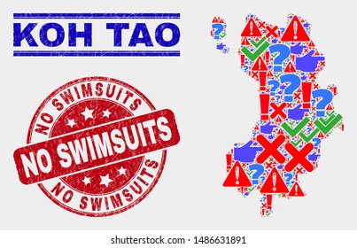 Symbolic Mosaic Koh Tao map and seal stamps. Red rounded No Swimsuits scratched seal. Colorful Koh Tao map mosaic of different scattered symbols. Vector abstract composition.