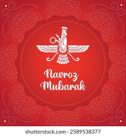 A symbolic Navroz Mubarak image with a white Faravahar a Zoroastrian priest a circular frame and intricate designs radiating tradition and festivity