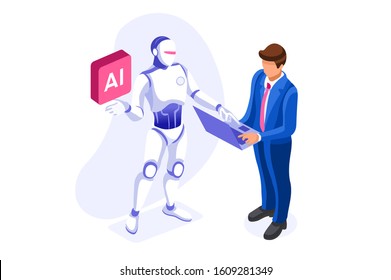 Symbolic office, computer symbol as remote web assistance for humans. Artificial intelligence technology sign. Internet workers simple man and high tech robot machine. Cartoon flat vector illustration