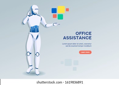 Symbolic office, computer symbol as remote web assistance for humans. Artificial intelligence technology sign. Internet workers simple man and high tech robot machine. Cartoon flat vector illustration