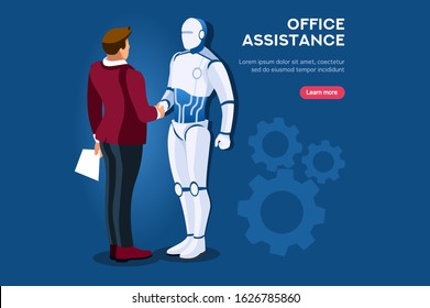 Symbolic office, computer symbol as remote web assistance for humans. Artificial intelligence technology sign. Internet workers simple man and high tech robot machine. Cartoon flat vector illustration