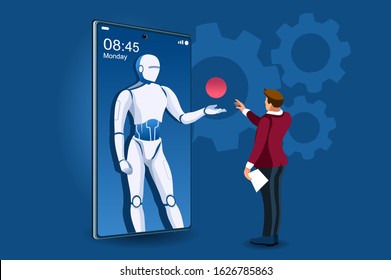 Symbolic office, computer symbol as remote web assistance for humans. Artificial intelligence technology sign. Internet workers simple man and high tech robot machine. Cartoon flat vector illustration