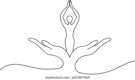 Symbolic One Line Drawing of Woman Meditating in Hands – Concept of Self-Care, Yoga, Spiritual Balance, and Wellness Support