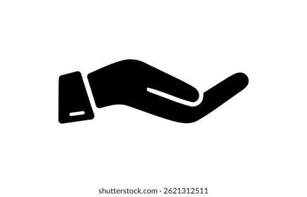 Symbolic open hand offering or receiving something, presented in minimalist black silhouette, suggesting support and charity on a transparent background