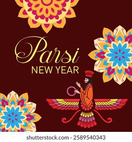 A symbolic Parsi New Year image featuring a Zoroastrian priest a colorful Faravahar elegant floral patterns and golden calligraphy on a maroon backdrop