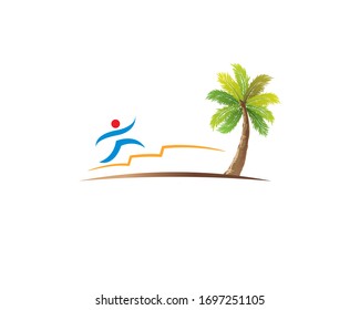 symbolic people run up stairs to palm tree 