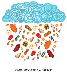 Symbolic picture of rain of food with hand drawn elements. Vector illustration
