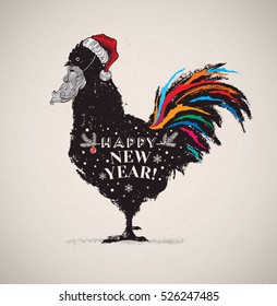 Symbolic picture of a rooster in a hat and with a Santa Claus beard. The comic image of a rooster - the symbol of the coming year.