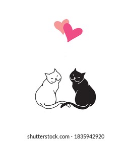 Symbolic pink hearts hover over a pair of black and white cats.
 Design elements are hand-drawn in doodle style 