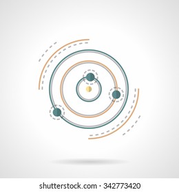 Symbolic planet with satellites and orbits. Astronomy science, space research. Education and science signs. Flat color style vector icon. Single web design element for mobile app or website.