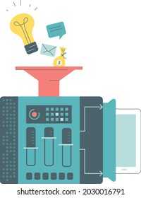 Symbolic process of creating a new product from idea to implementation. Investing energy, thoughts, time, communication. Get the newest product. Concept vector illustration.  