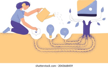 Symbolic process of creating a new product from idea to implementation. Investing energy, thoughts, time, communication. Get the newest product. Concept vector illustration.  