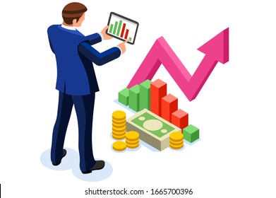 Symbolic profit, increased income symbol as financial investment for investors. Economy and personal finance sign. Person buying an economic account to self investing. Cartoon flat vector illustration