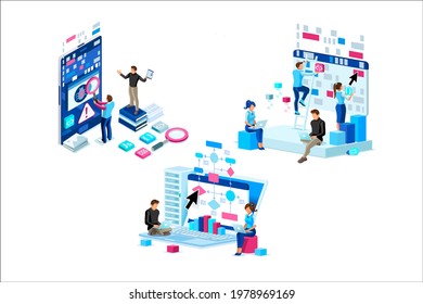 Symbolic Program and Development Symbols. Icon Collection of Decision Process Model Concepts. Characters working on Automation Procedures. Flat Cartoon Vector Illustration.