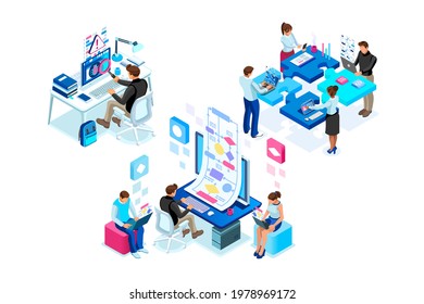 Symbolic Program and Development Symbols. Icon Collection of Decision Process Model Concepts. Characters working on Automation Procedures. Flat Cartoon Vector Illustration.