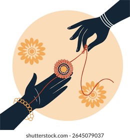 Symbolic Raksha Bandhan Ceremony Featuring Hands Tying a Rakhi with Decorative Flowers and Bracelets, a Celebration of Sibling Bonds