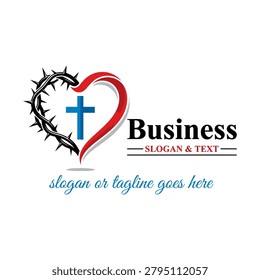Symbolic religious logo featuring a blue cross inside a red heart wrapped in a crown of thorns, representing faith, love, and sacrifice.