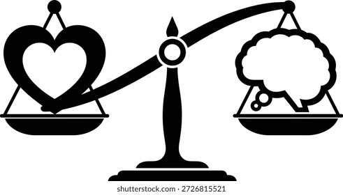 Symbolic representation of balancing emotion and logic using a classic weighing scale icon with heart and brain shapes