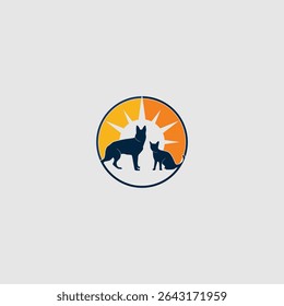 A symbolic representation of a dog and cat standing side by side within a circular frame, surrounded by radiating sun rays, conveying a sense of companionship and harmony.