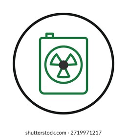 A symbolic representation featuring a radioactive hazard symbol housed within a square and encircled by a larger frame. This visual embodies themes of nuclear energy, potential environmental