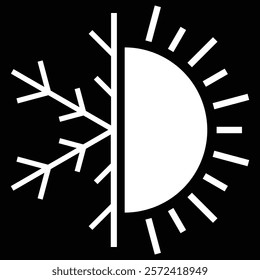 Symbolic representation of hot and cold temperatures, contrasting sun and snowflake icons. White color simple graphic isolated on dark background.