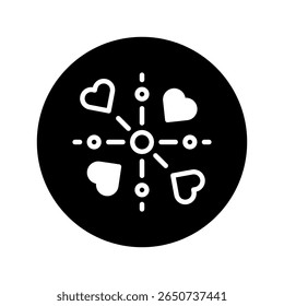 Symbolic representation of love and connection featuring hearts around central point within circle graphic
