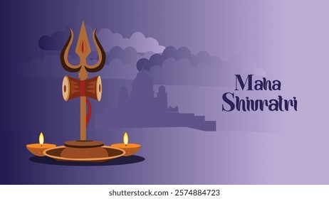 A symbolic representation of Maha Shivaratri, featuring the trishul (trident) and the Shiva Lingam, with oil lamps (diyas) illuminating the sacred night. The calm and serene backdrop reflects the divi