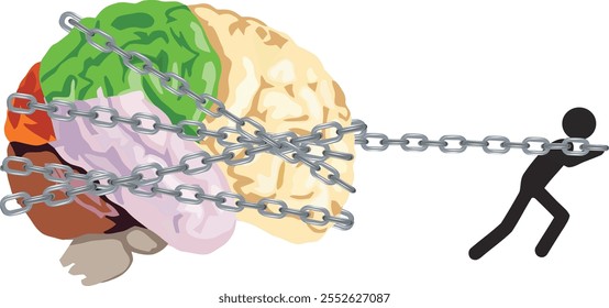 Representação simbólica de lutas de saúde mental, com figura de palitos puxando o cérebro encadeado