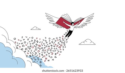 Symbolic representation of progress and achievement with a person soaring through the air carrying a red banner symbolizing success and freedom