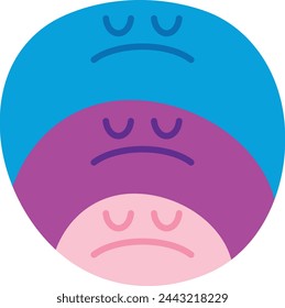 A symbolic representation of sadness and negative atmosphere, depicted by a circle divided into three segments, each with a different color and a sad face.