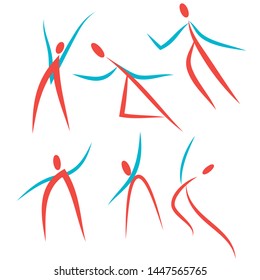 symbolic representation of six human figures in different poses. blue and red figures
