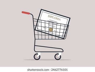 A symbolic representation of a student loan, a diploma in a supermarket cart