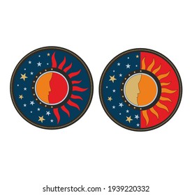 symbolic representation of sun and moon for tatoo and modern circular blue and gold decoration