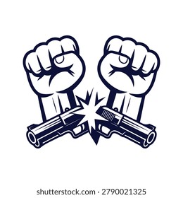 Symbolic representation of two fists punching pistols in a dramatic confrontation isolated on transparent background