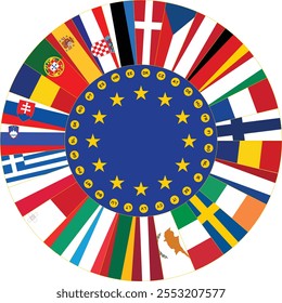 A symbolic representation of unity and diversity in the European Union through member state flags encircling the EU emblem.