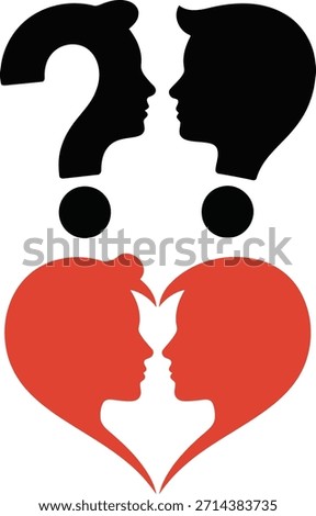 A symbolic representation using black question marks and a red heart, illustrating the complexities and queries within relationships.