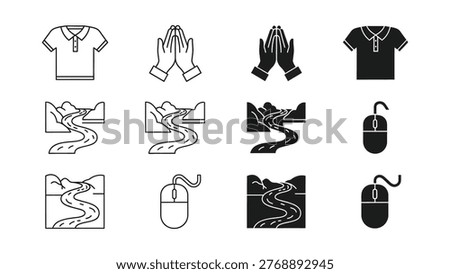 Symbolic representations of clothing, hand gestures, rivers, and computer mice icons