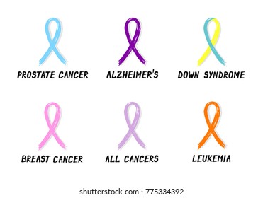 Symbolic ribbons - set of 6 ribbons - prostate cancer Alzheimers Down syndrome breast cancer all cancers leukemia