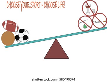 The symbolic scales in the form of triangle and plane.With sports balls and alcohol,a cigarette in prohibiting sign.