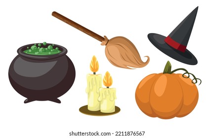 Symbolic scary Halloween holiday objects set vector illustration. Pumpkin, candle, hat, pot and broom cartoon design. Mystery and All Saints Day concept