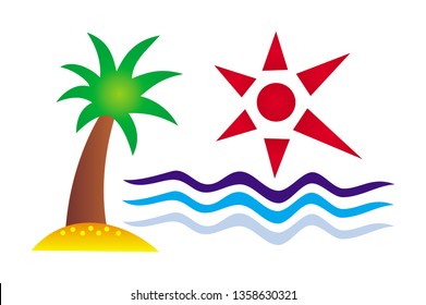 Symbolic sea resort landscape, palm tree, island, sun. Vector graphics.