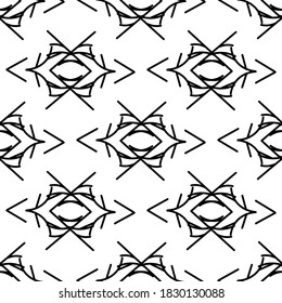 Symbolic seamless pattern of geometric black calligraphic curls, ornaments on a white background. Vintage prints. Stock vector illustration for decor and design, wallpaper, wrapping paper, fabric.