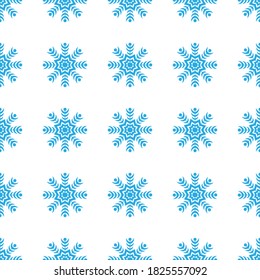 Symbolic seamless pattern of snowflakes on a white background. Winter decor elements in flat style for postcards, wrapping paper, fabric, wallpaper and more. Stock vector illustration for decoration