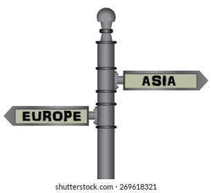 Symbolic signpost Europe - Asia. Geographical, social and political separator. Vector illustration.