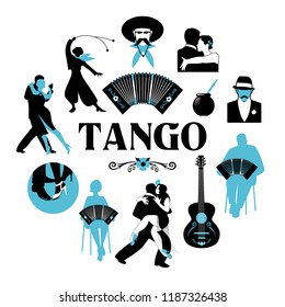 Symbolische Silhouetten rund um die Welt von Tango. Tänzer, Gauchos, Bandoneon, Gitarre