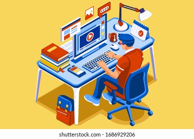 Symbolic student education, courses symbol. Conceptual graphic of distance tutorials, studying course for university students concept. Vector illustration banner. Study Courses training tutorial sign.
