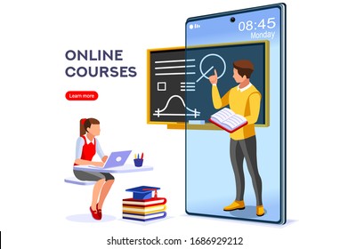 Symbolic Studying, Self Learn Symbol. Graphic Design Of Elearning, Distance Studying For The Exam Sign. Vector Illustration Flat Web Banner. Teaching Course, Tutorial For Elearning Infographic Concept